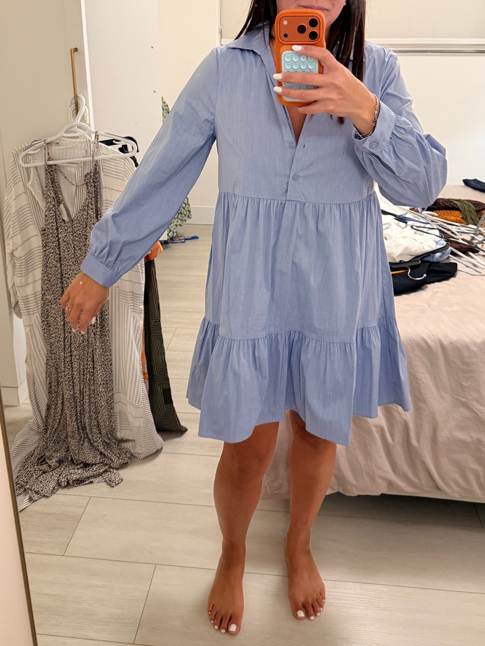 Zara Light Blue Tiered Mini Shirt Dress